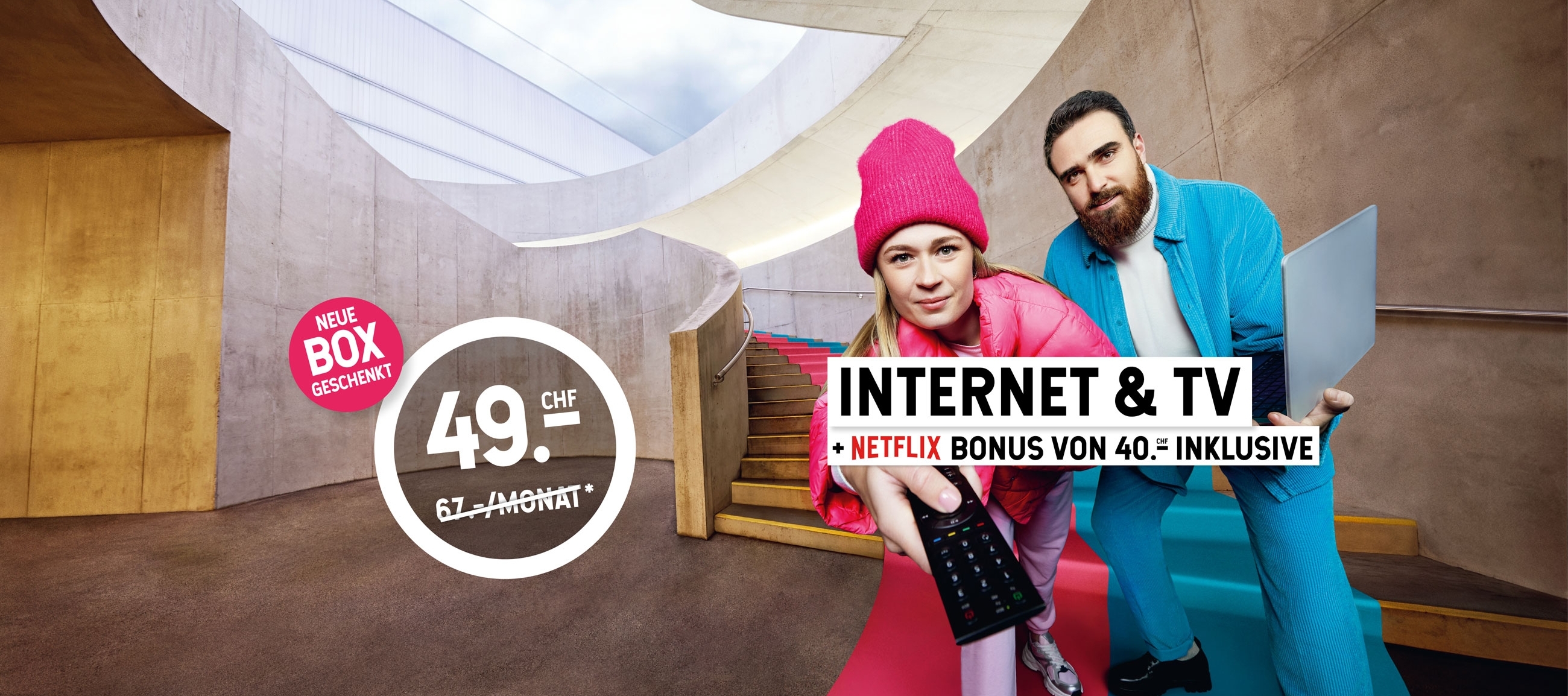 Internet + TV Angebot mit einem Netflix-Bonus von CHF 40.– vom 16. September bis 14. Oktober 2025.
